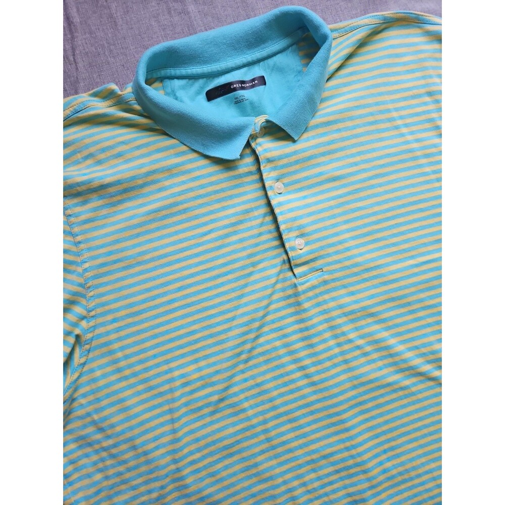Greg Norman Mens XXL Play Dry Golf Shirt Butter Yellow w Baby Blue Stripes Shark